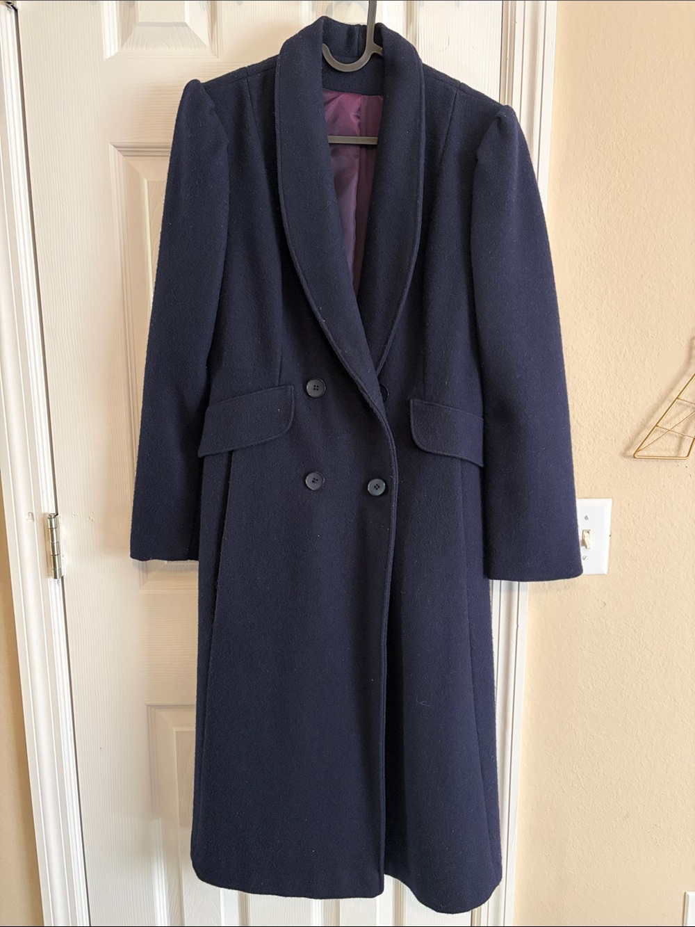 vintage navy blue double-breasted long wool coat